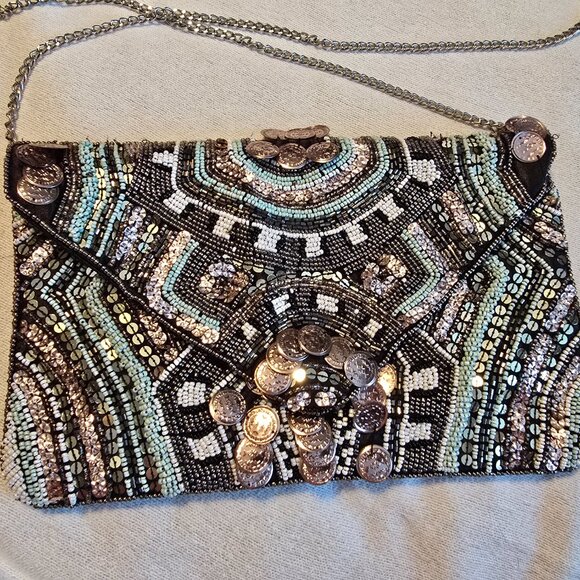 Clements Ribeiro Beaded Sequin Envelope Clutch Black Label EUC! Silver Chain. - Picture 1 of 12